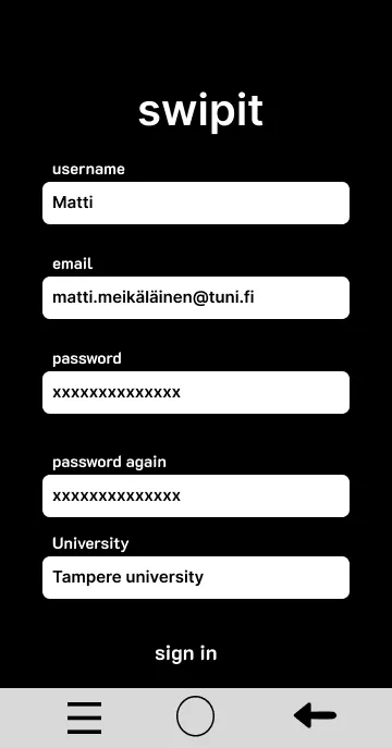 Rekisteröitymisnäkymä, jossa kentät käyttäjänimelle, sähköpostille, salasanalle ja yliopistolle.